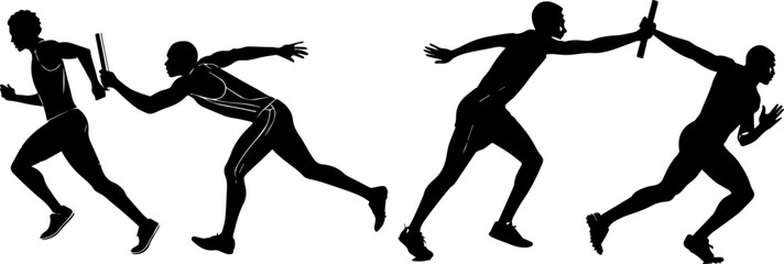 Athletes Performing Relay Race Baton Exchange Silhouettes