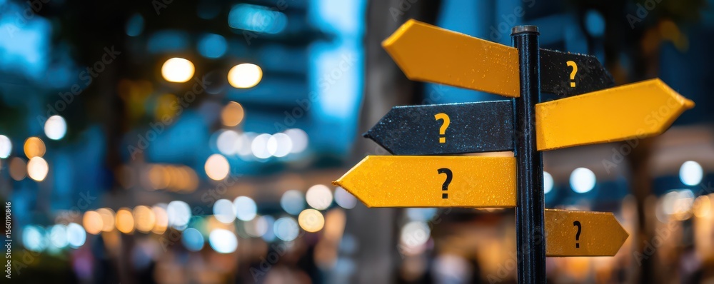 Poster blank directional signpost with question marks in a busy urban environment at dusk