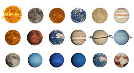 Ultra-realistic celestial bodies (Sun, planets, dwarf planet) with distinct features and textures, meticulously arranged on a pristine bright white background with copy space, high-precision