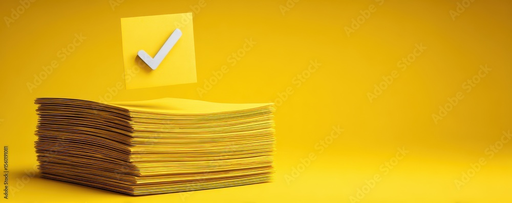 Aufkleber stack of yellow papers with floating sticky note and check mark on bright yellow background for offi
