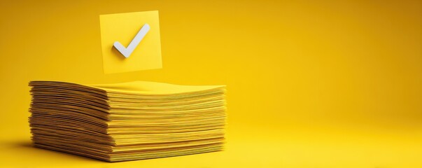 Stack of Yellow Papers with Floating Sticky Note and Check Mark on Bright Yellow Background for Office Use