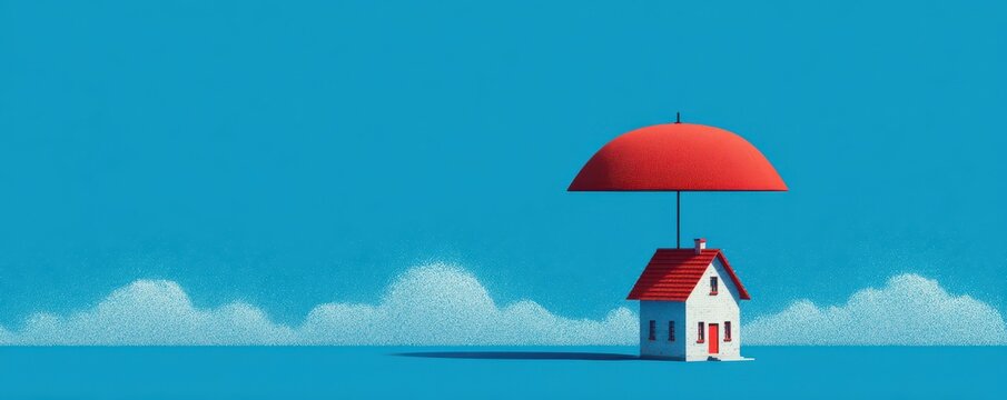 Colorful Illustration of a House Protected by a Large Red Umbrella Against a Bright Blue Background