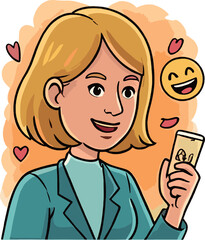 Happy Businesswoman Using Smartphone, Positive Emotions, Smiling Face