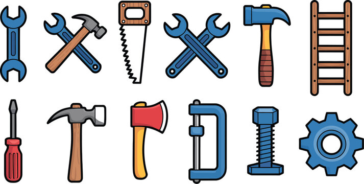 Vector illustration of construction tools set including hammer wrench saw axe and more for diy projects