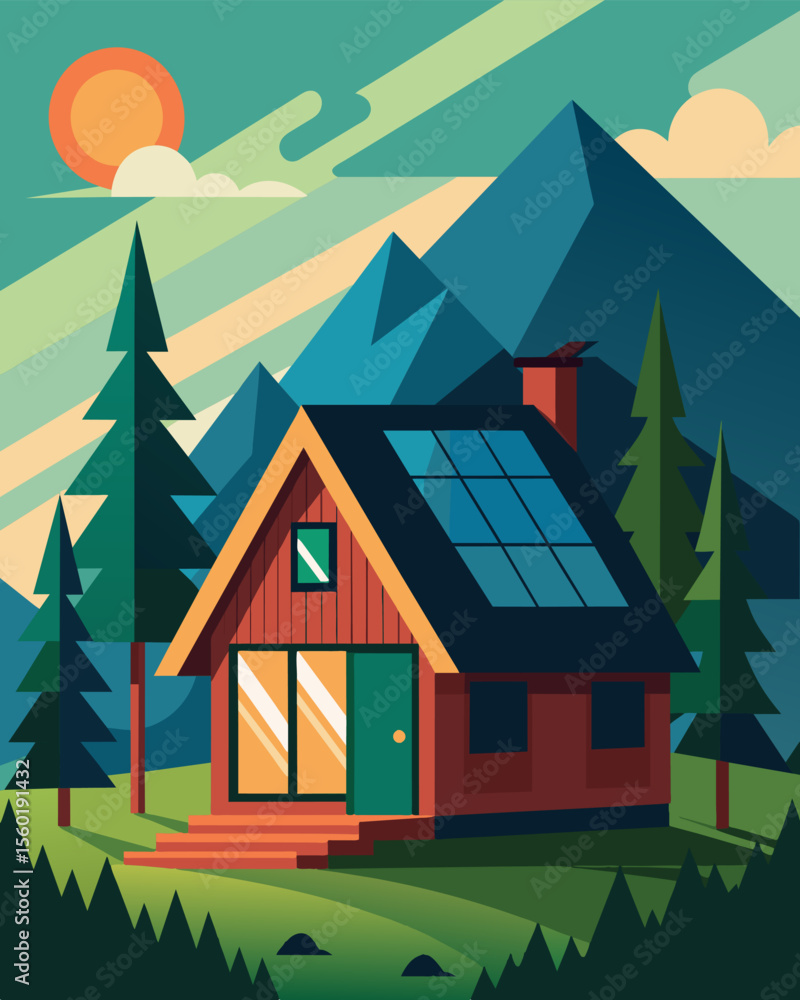 Poster a rustic cabin deep in the forest is equipped with solarpowered home automation showcasing how techn