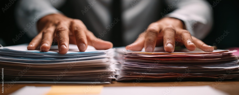 Poster professional hands sorting and organizing stacks of paper documents on a wooden desk during a busy w