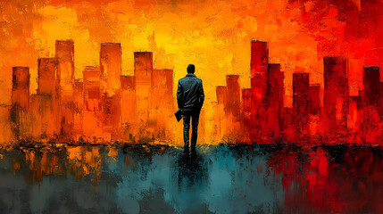Oil painting of a man facing a city skyline split between warm yellows and cold reds