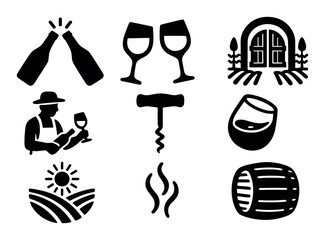 Naklejka na ściany i meble Wine silhouette icon set. vineyard, tasting, label, harvest, corkscrew silhouettes