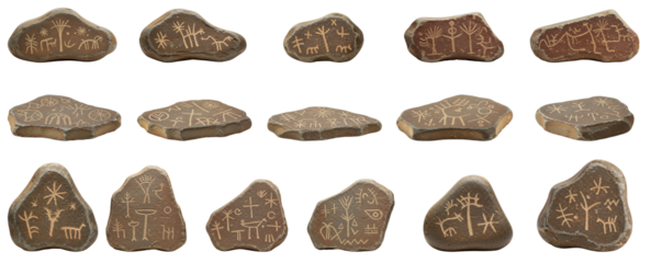 Etched symbols on stones with ancient carvings on transparent background  