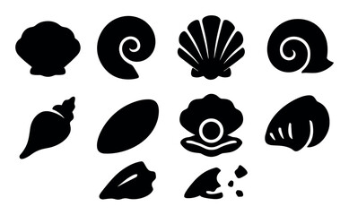 Fototapeta na wymiar Sea shells silhouette icon set. ocean, marine life, seashells collection silhouettes