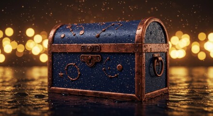A wet, blue treasure chest gleams under dark, sparkling lights