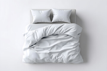 Neatly made double bed with white bedding and pillows, minimal design on a white background.