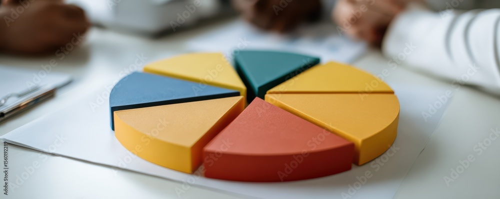 Poster colorful pie chart on a table illustrating data analysis and teamwork in a corporate environment