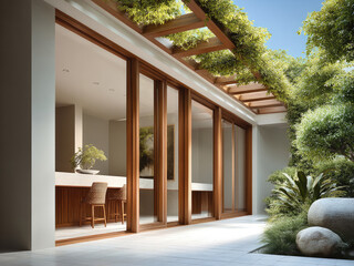 Modern courtyard with wooden sliding glass doors, lush green plants, natural light, and tranquil outdoor seating area, peaceful atmosphere