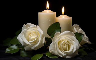 Fototapeta premium Still life of two lit candles surrounded by white roses on black background