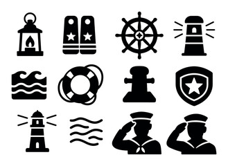 Nautical, marine solid icon set. lighthouse, sailor, waves solid collection