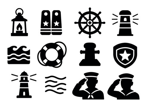 Nautical, marine solid icon set. lighthouse, sailor, waves solid collection