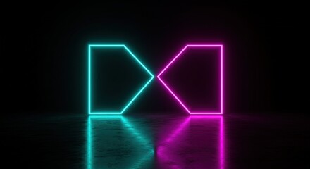 A vibrant neon geometric sign glows in the dark