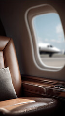 Luxurious private jet interior with brown leather seat, wooden armrest, and window view of airplane, elegant and comfortable atmosphere