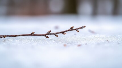 Brown Tree Branch with Buds Lying On White Snow Outdoor
