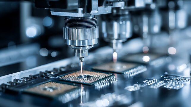 Close-up of semiconductor manufacturing with precision machinery and microchips, symbolizing advanced technology and electronics production. .