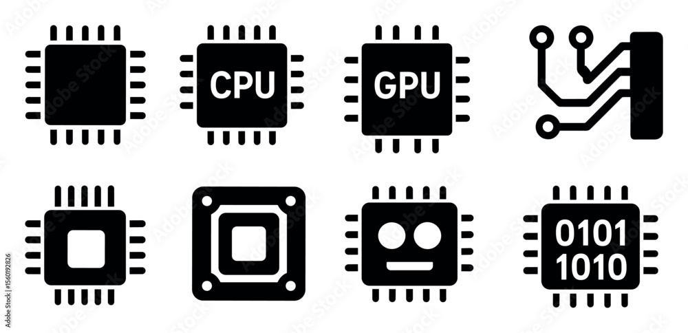 Poster computer hardware solid icon set. cpu, gpu, circuit icons for tech projects