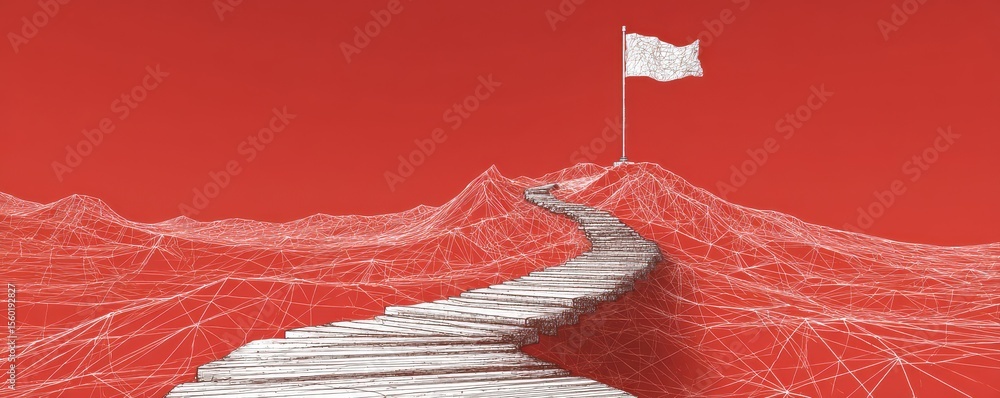 Poster abstract pathway leading to flag on red background with wireframe mountains