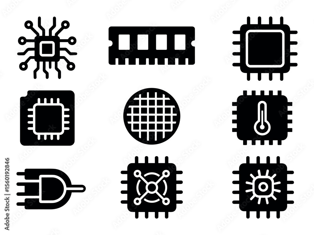Poster technology solid icon set. microchip and processor icons in solid style