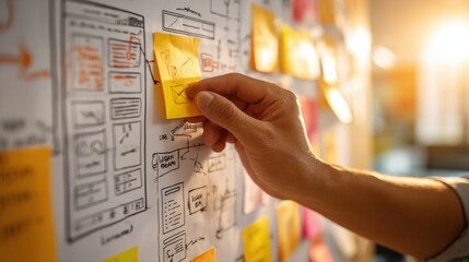 A hand carefully places a sticky note onto a whiteboard filled with website design sketches and planning notes, showcasing a collaborative
