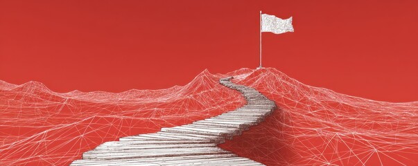 Abstract Pathway Leading to Flag on Red Background with Wireframe Mountains