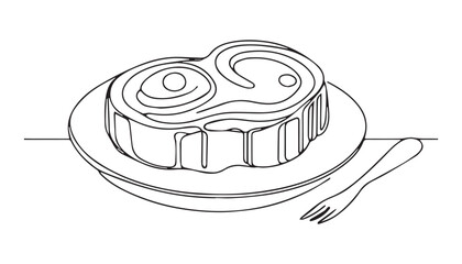 Continuous one single minimal line drawing steak