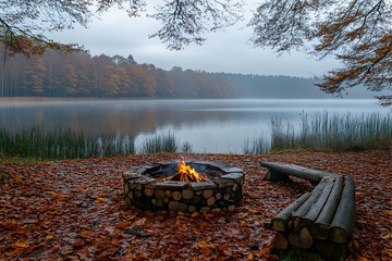 Autumn lakeside scene with a glowing campfire surrounded by fallen leaves and mist over the water