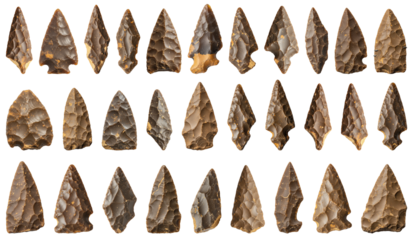 Neolithic flint arrowheads arranged on a transparent background  