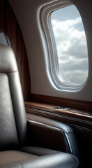 Luxurious private jet interior with leather seat, wooden panel, and window showing sky and clouds, elegant and comfortable atmosphere