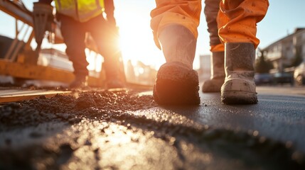 Construction workers laying asphalt under the sunset in an urban area while preparing for road work activity