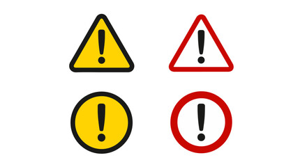 A set of four warning/exclamation mark symbols in triangles and circles (yellow/red), signifying caution, alerts, or errors.