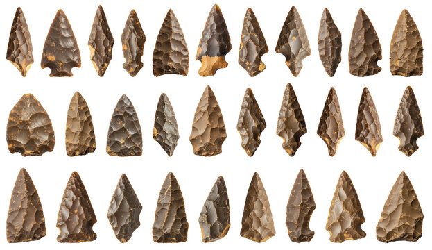 Neolithic flint arrowheads arranged on a transparent background  