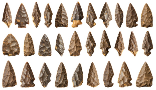 Neolithic flint arrowheads arranged on a transparent background  