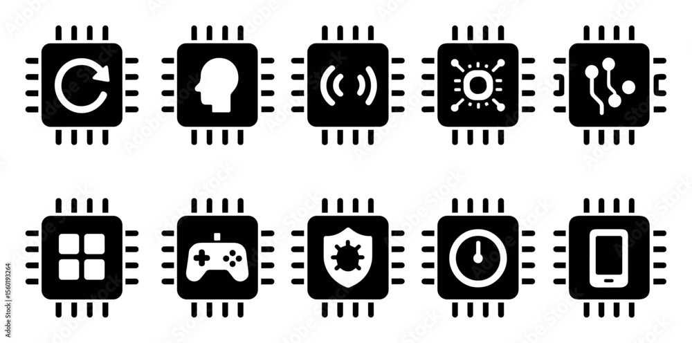Poster technology, computing solid icon set. circuit, digital, chip solid graphics collection