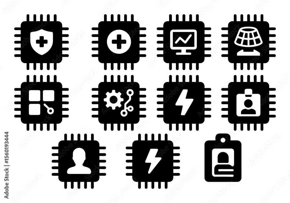 Poster technology, security solid icon set. digital, processor, data protection icons collection