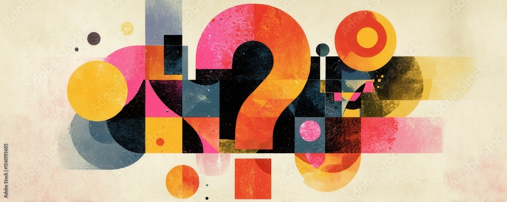 Poster abstract colorful composition with question mark and geometric shapes representing curiosity and inq