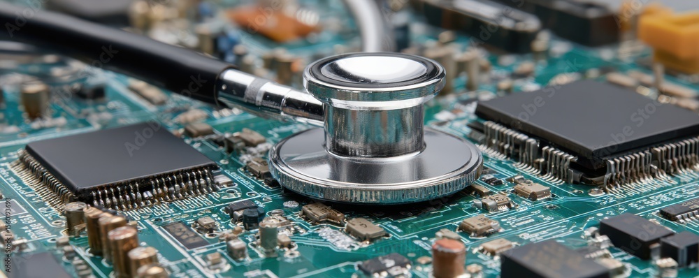 Poster stethoscope on circuit board representing connection between healthcare and technology in modern med