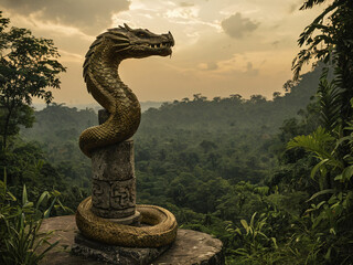 Golden Dragon Statue Overlooking Lush Green Jungle Landscape
