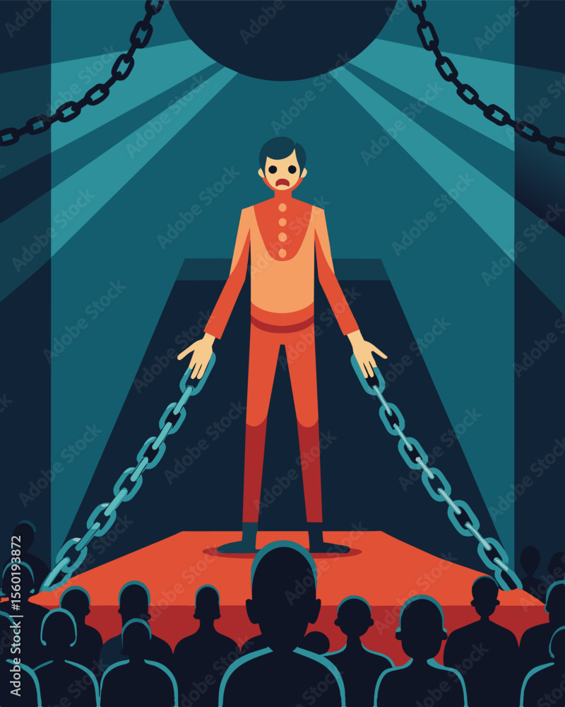 Poster a person stood on stage their body adorned with chains as they performed in front of a crowd. each l