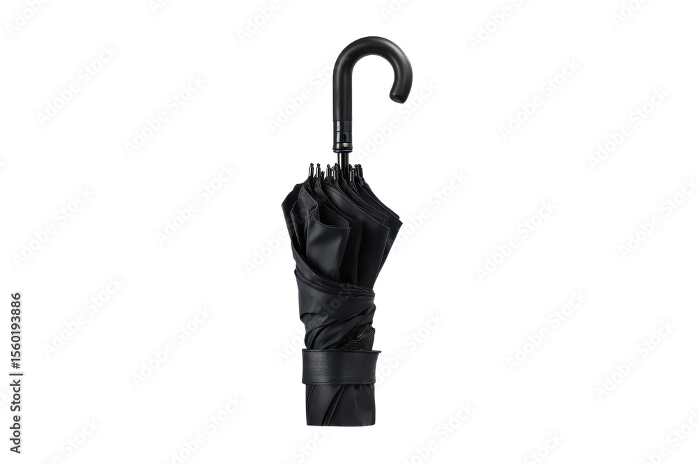 Poster closed black umbrella with a curved handle and securing strap displayed against a stark transparent 