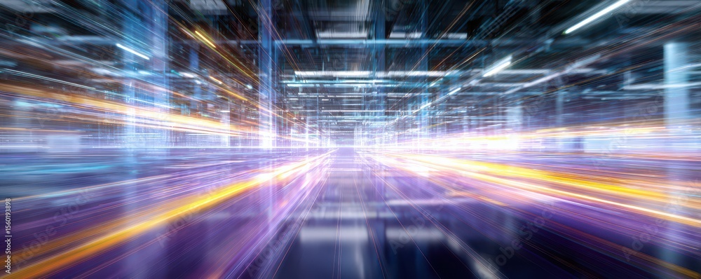 Poster futuristic abstract background of digital lines and glowing lights in a movement blur effect for tec