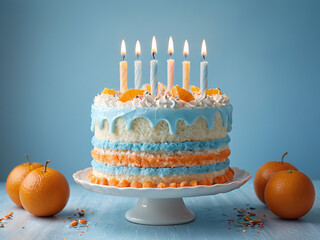 Delicious Orange and Blue Layered Birthday Cake with Candles