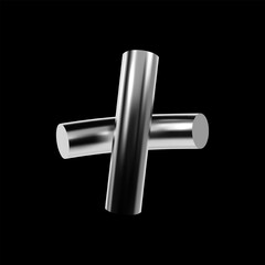 Glossy 3D plus symbol in chrome metallic style with futuristic Y2K aesthetic, isolated