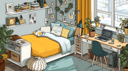 Cozy dorm room with bed, desk, and personal decor symbolizes college life and student independence. .