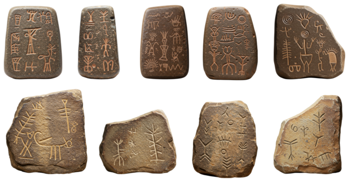 Ancient stone plaques with tribal pictographs on transparent background  